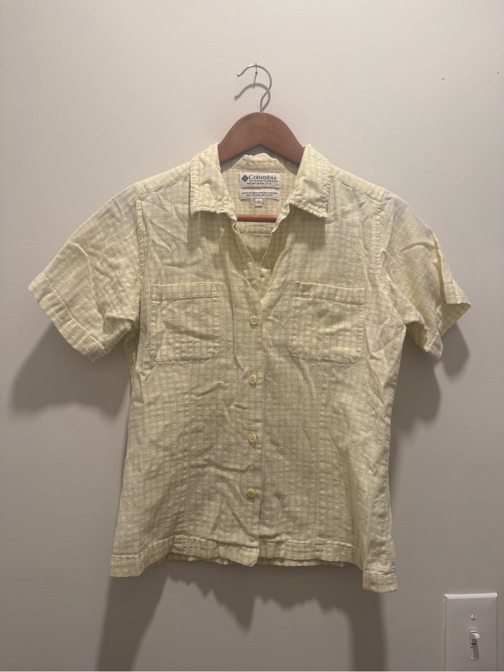 VTG Columbia Short Sleeve Button-Up Shirt Yellow Plaid Sz S 100% Cotton Camp